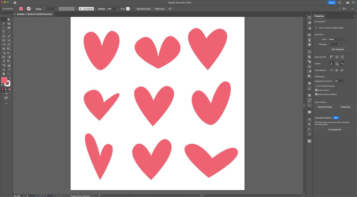 Adobe Illustrator: 9 different hearts made with this method.