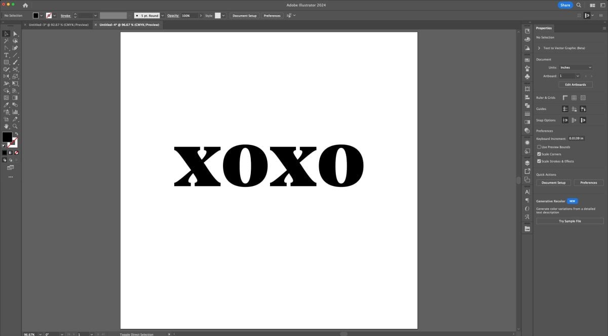 Adobe Illustrator: XOXO on artboard in serif font