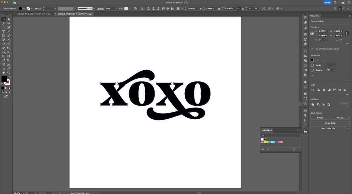 Adobe Illustrator: XOXO made into a compound path that has a black fill.