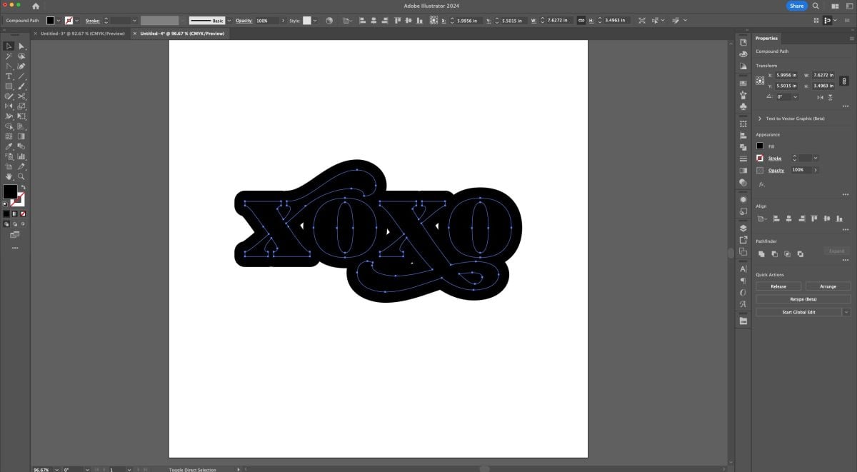 Adobe Illustrator: XOXO with black offset.