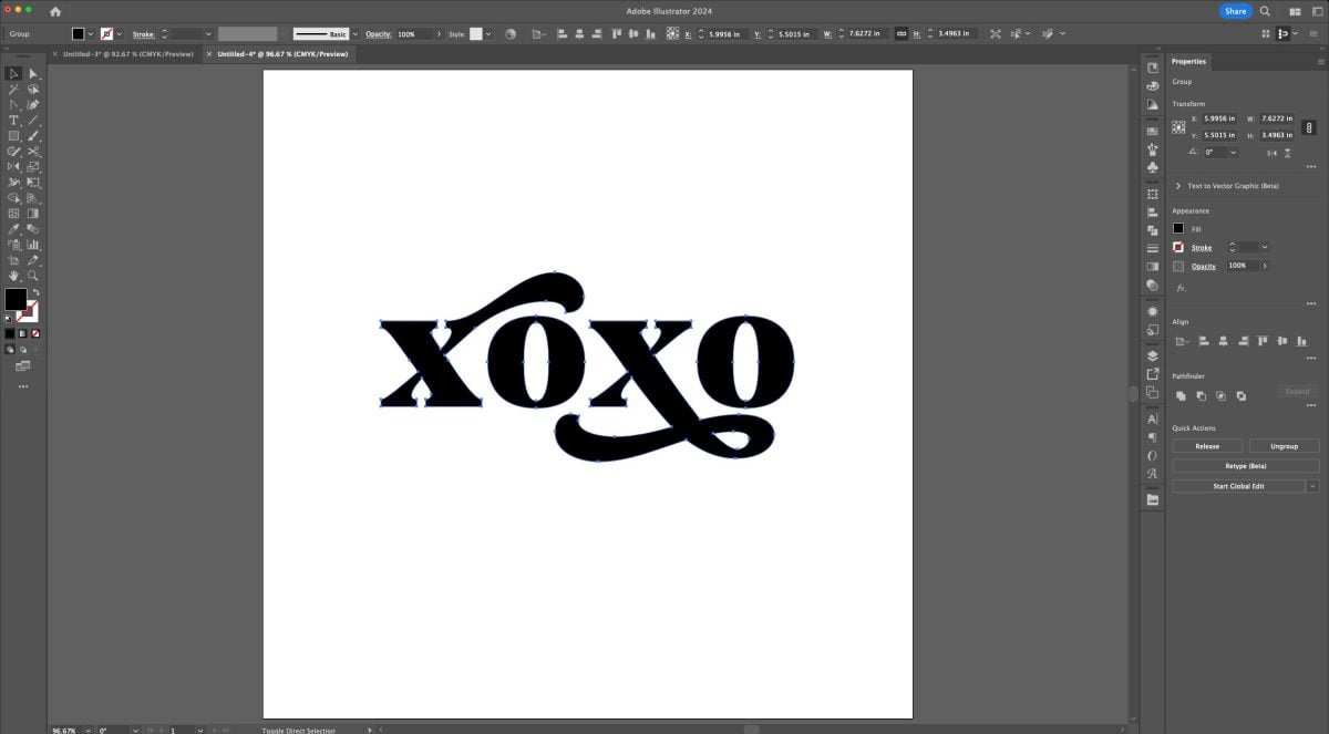 Adobe Illustrator: XOXO font outlined