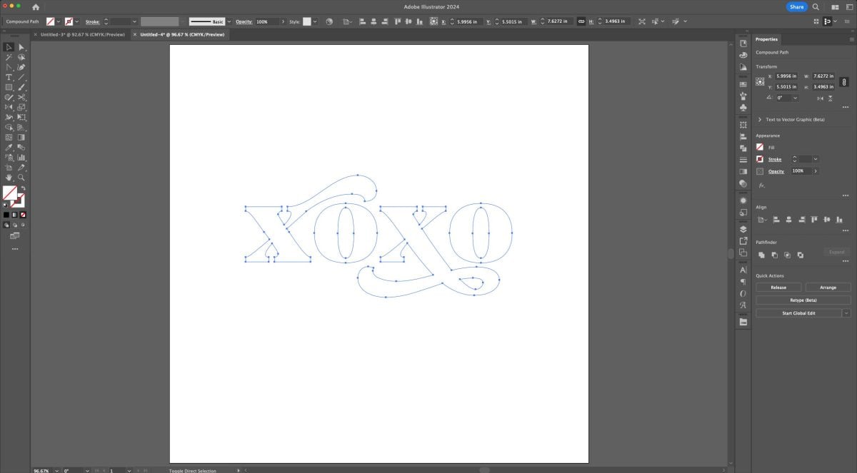 Adobe Illustrator: XOXO made into a compound path that has no fill.