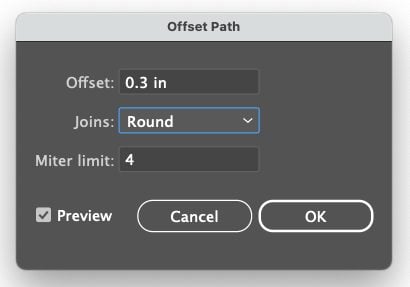Adobe Illustrator: Offset path box showing .3 round offset