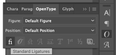 Close up of OpenType Panel showing standard ligatures