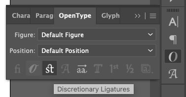Close up of OpenType Panel showing discretionary ligatures