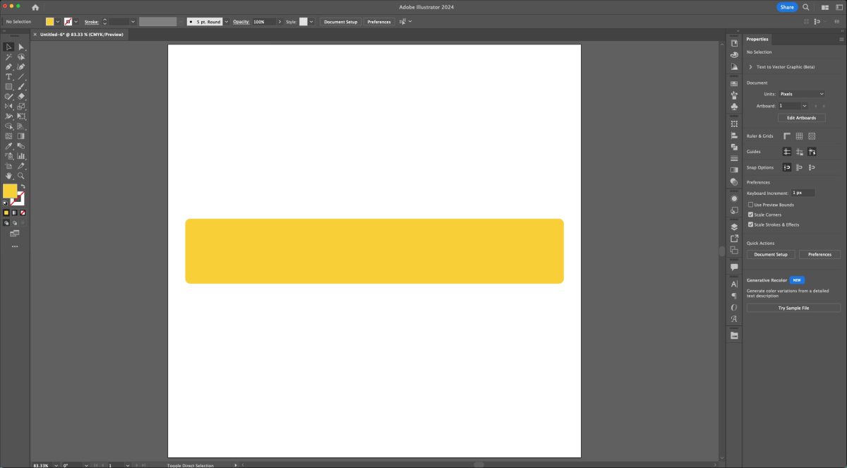 Adobe Illustrator: Long rectangle colored yellow with rounded edges