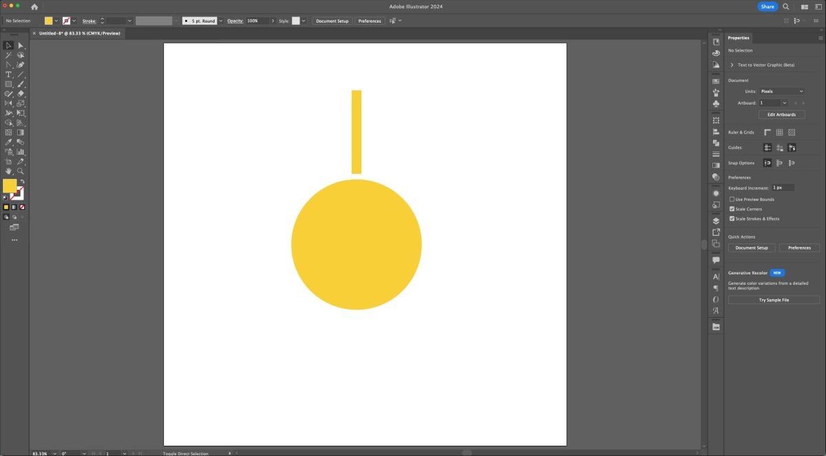 Adobe Illustrator: Yellow circle on artboard with thin yellow rectangle above it