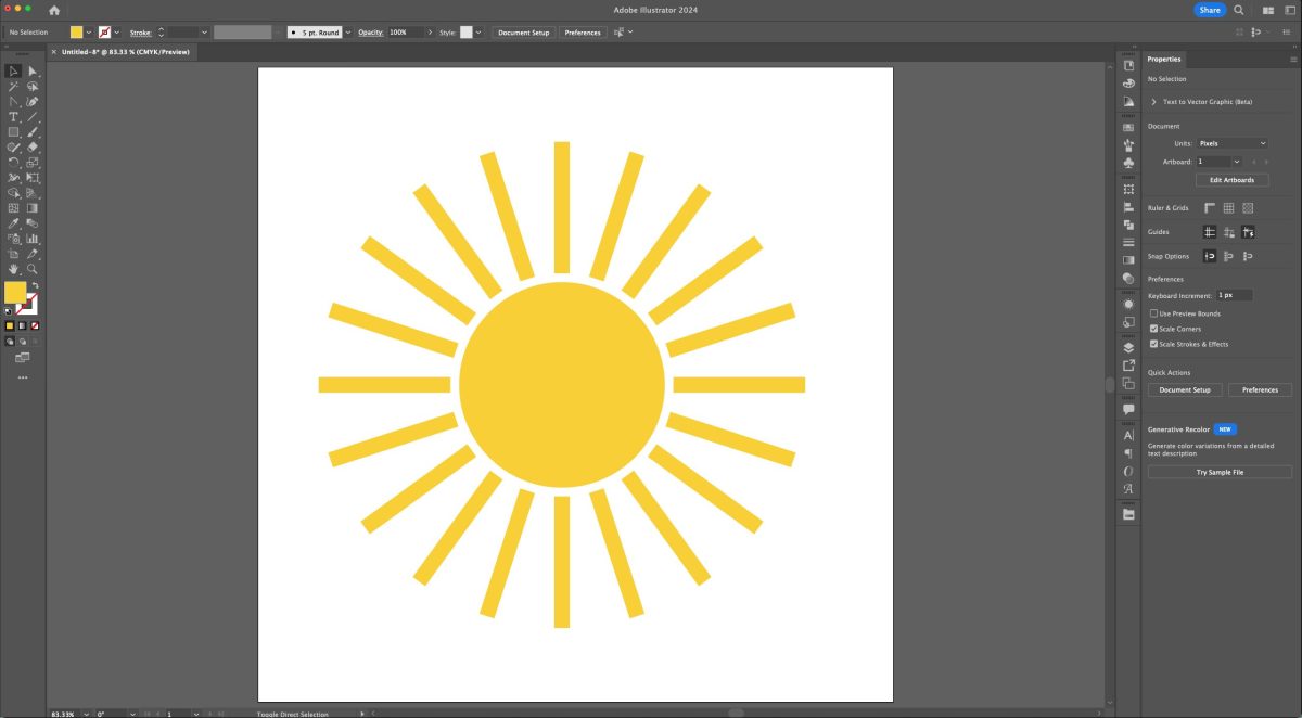 Adobe Illustrator: Yellow circle on artboard with many yellow rectangles making a sun