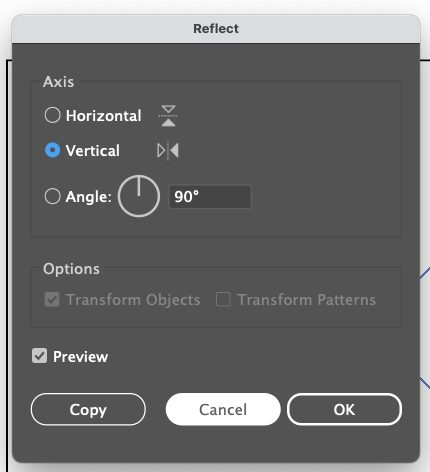 Adobe Illustrator: Reflect panel showing "vertical" chosen