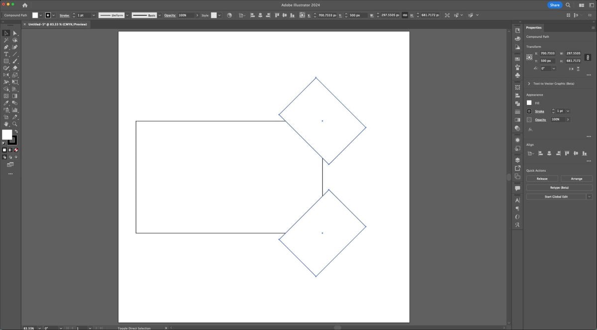 Adobe Illustrator: rectangle with two smaller rectangles rotated and placed over top right and bottom right corner.