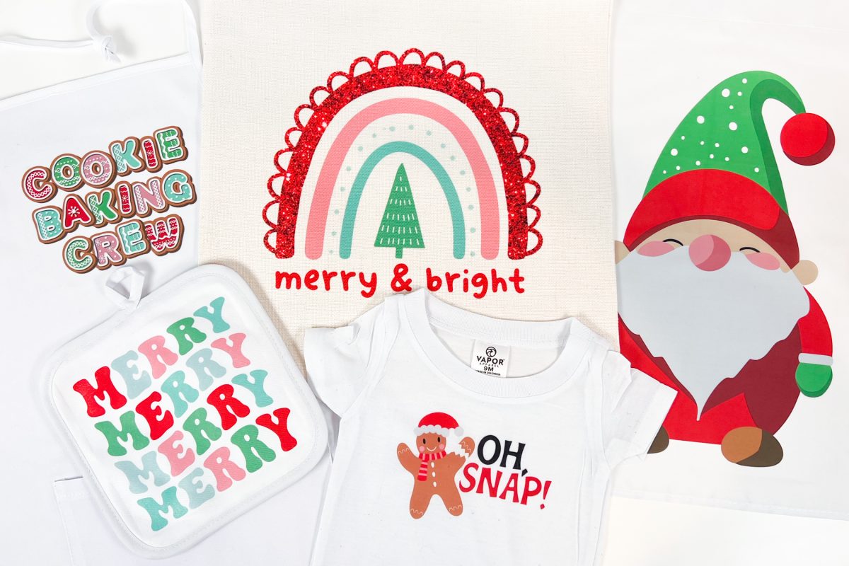 Five Christmas sublimation projects crafted with the files in this bundle.