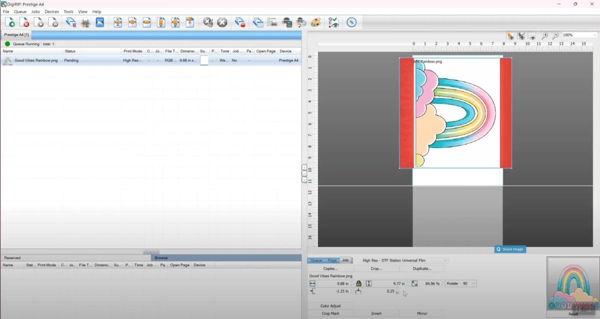 Screenshot of Digirip software printing the rainbow image.