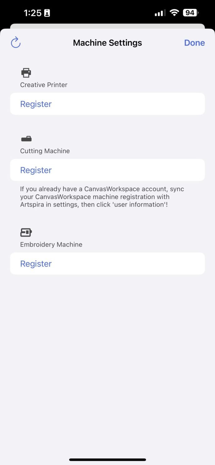 Artspira app showing how to register your printer with the app