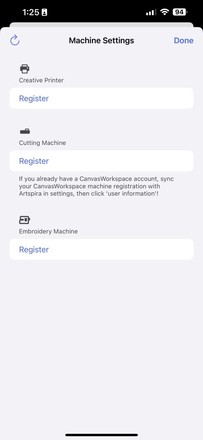 Artspira app showing how to register your printer with the app