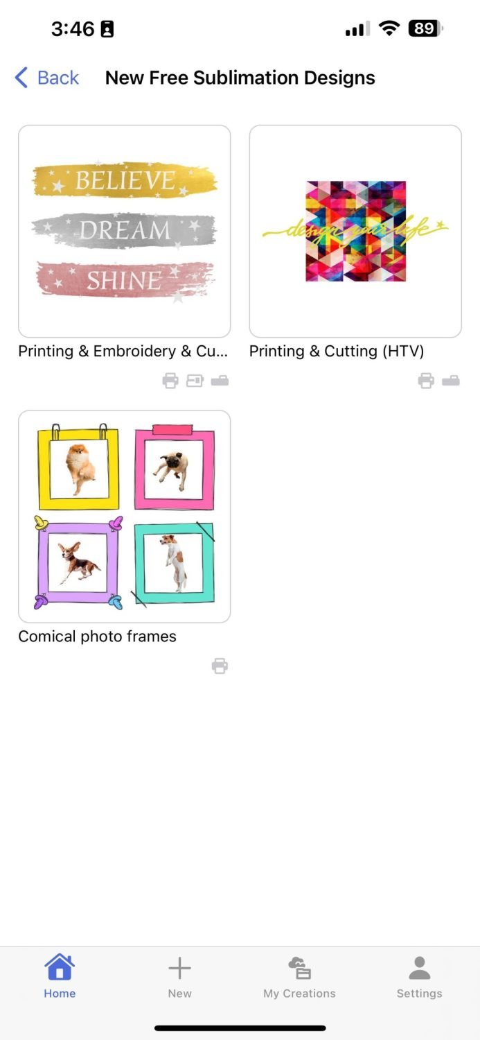Artspira app showing three free sublimation designs