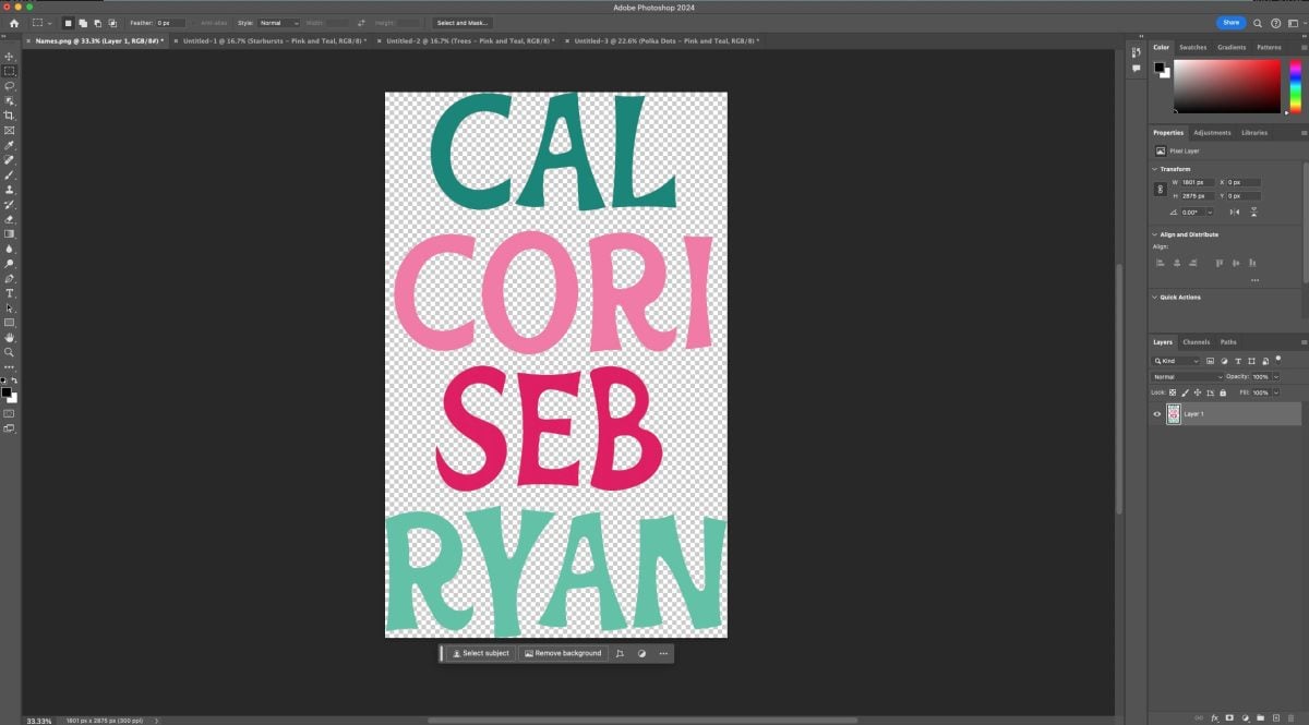 Photoshop with Cal, Cori, Seb, and Ryan in pinks and teals