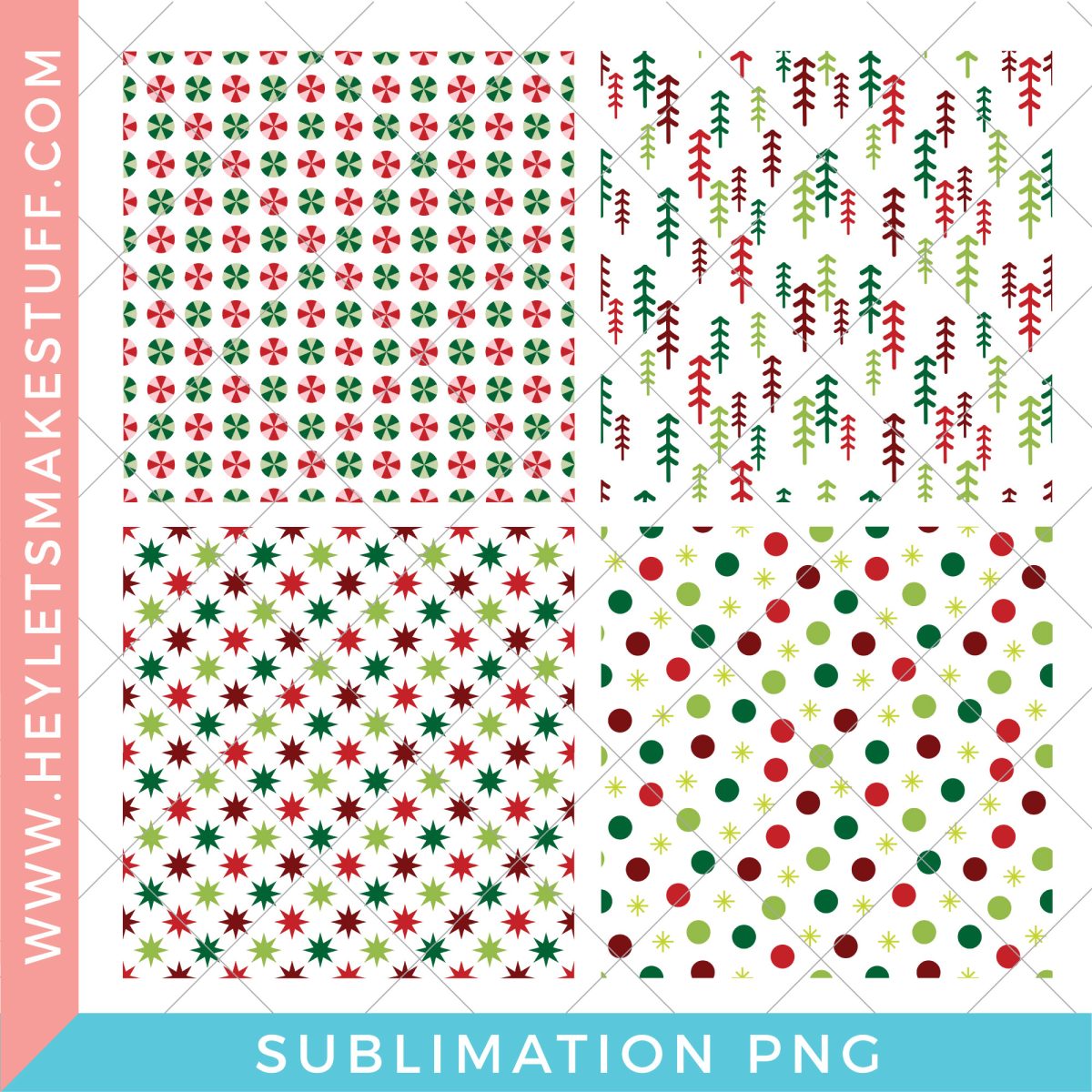 Four traditional Christmas patterns in red and green: peppermints, trees, starbursts, and polka dots