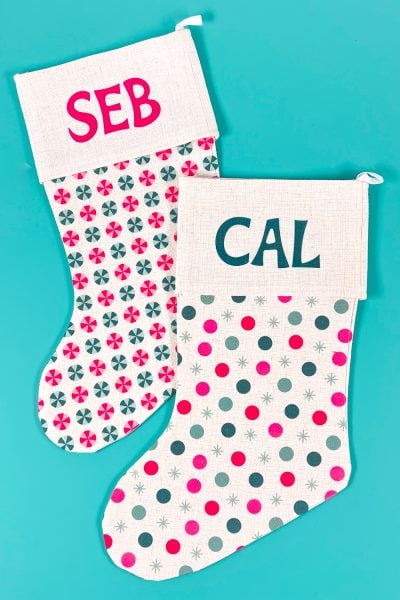Sublimation Stockings for Seb and Cal on teal background