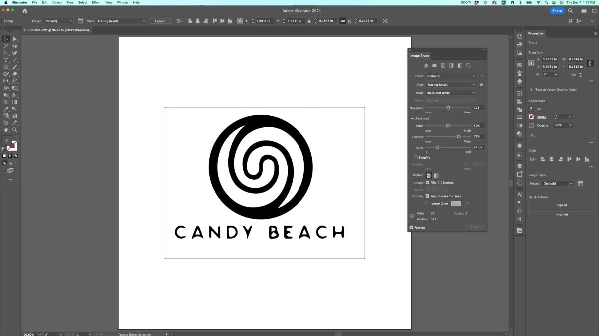Adobe Illustrator: Candy Beach logo traced in black and white