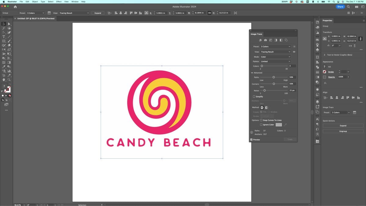 Adobe Illustrator: Candy Beach logo traced in three colors
