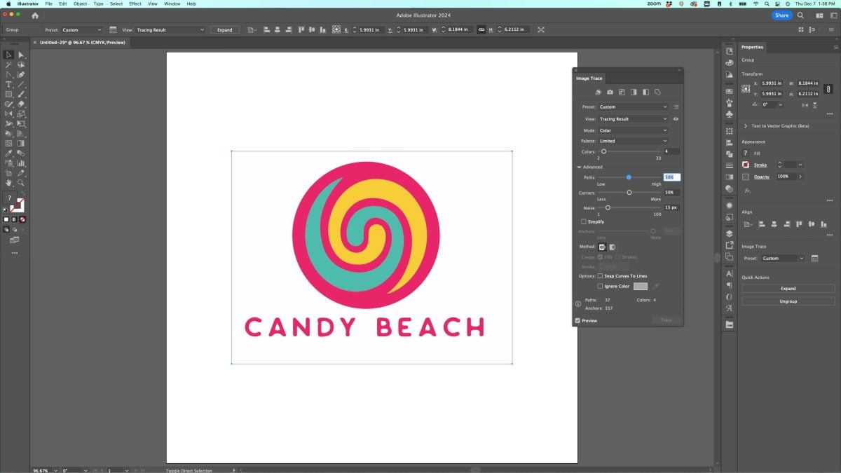 Adobe Illustrator: Candy Beach logo traced in four colors