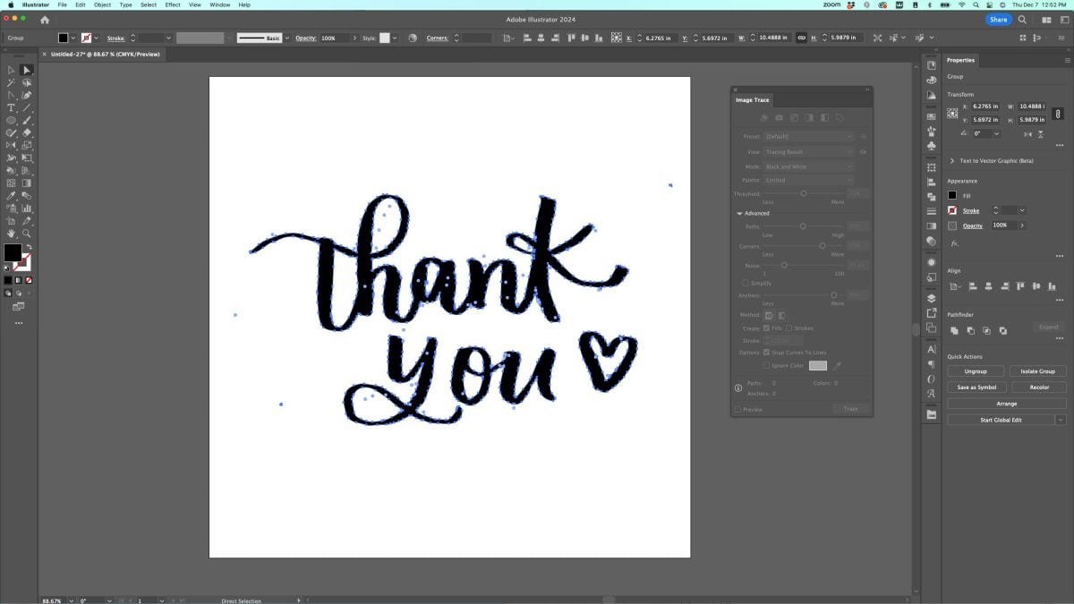 Adobe Illustrator: "thank you" expanded but still a messy cut file