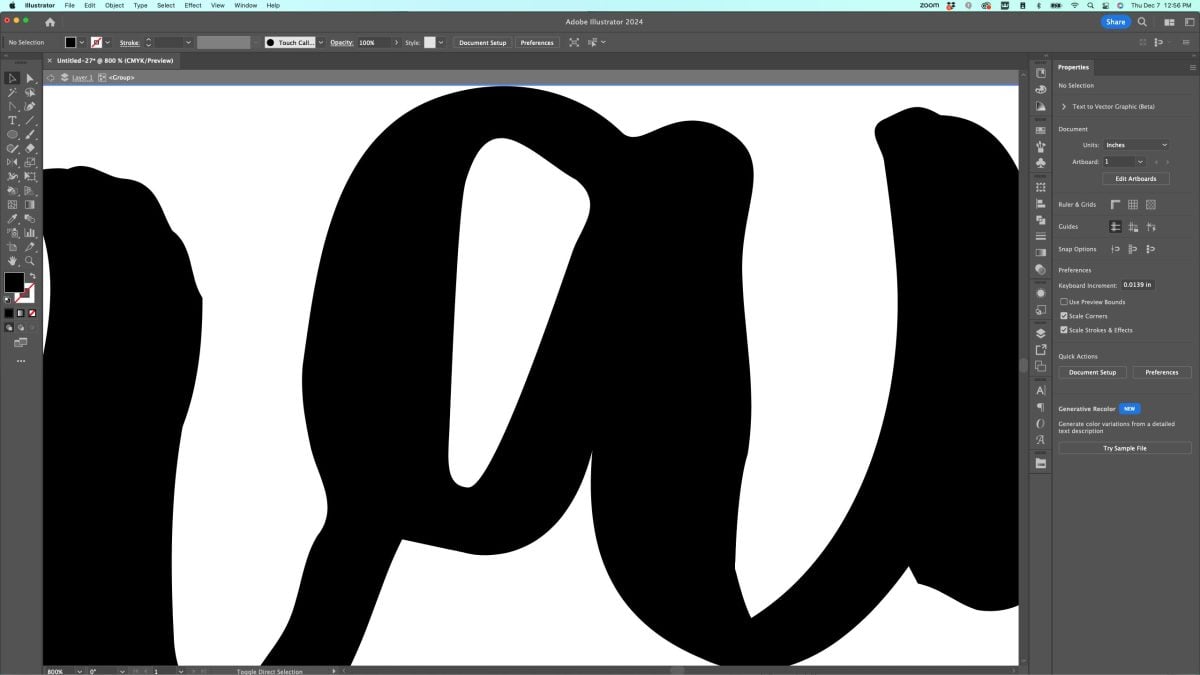 Adobe Illustrator: Closeup of A after editing to make it smoother