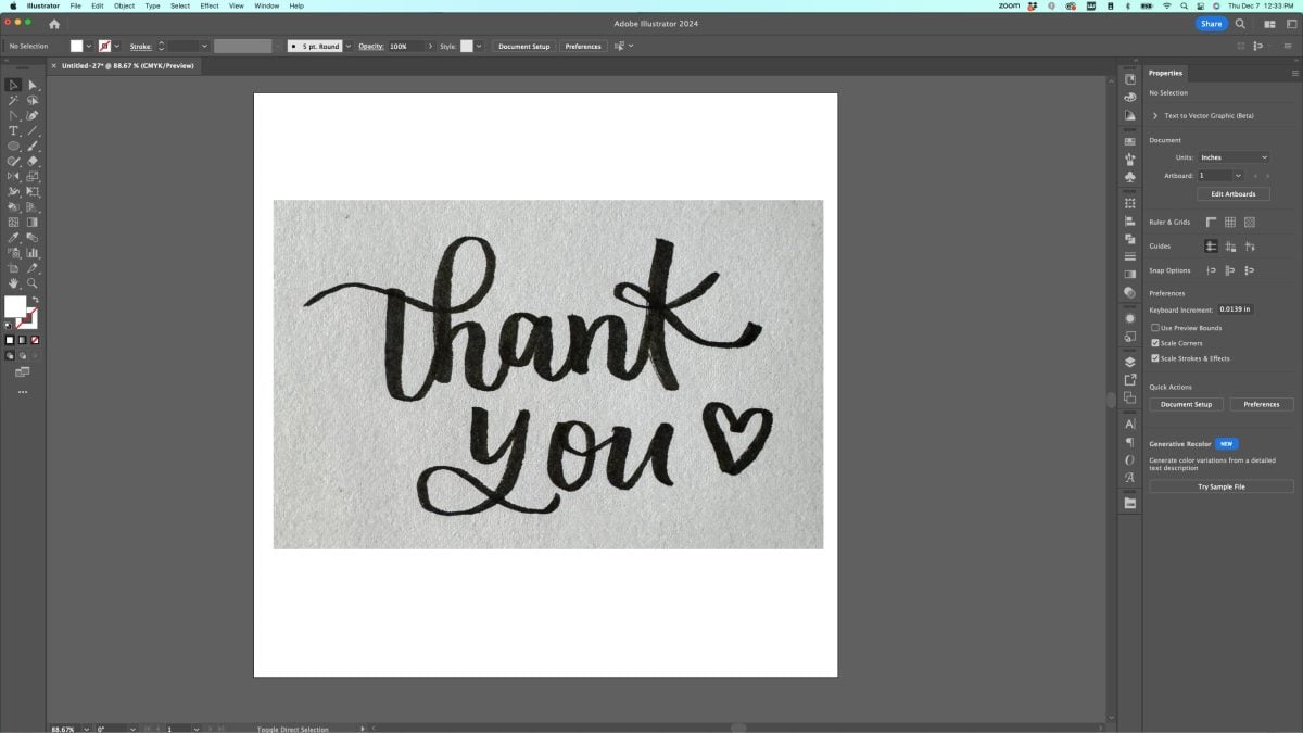 Adobe Illustrator: Photo of hand-lettered "thank you" in a bold black pen placed on artboard