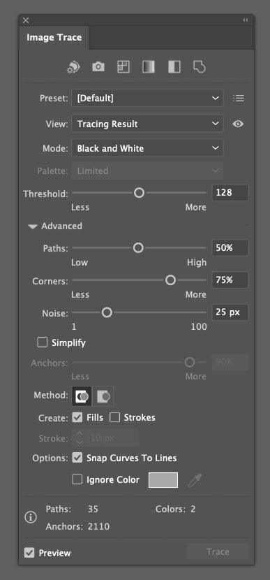 Adobe Illustrator: Closeup of Image Trace panel