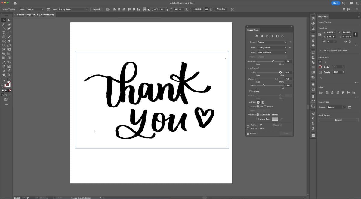 Adobe Illustrator: "thank you" with paths set too high