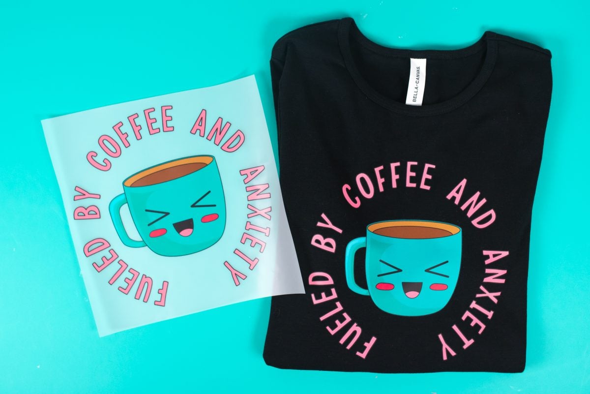 Coffee and Anxiety DTF Transfer on black shirt on teal background
