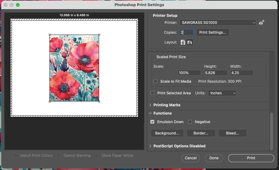 Photoshop: print settings showing Sawgrass selected and "emulsion down" checked