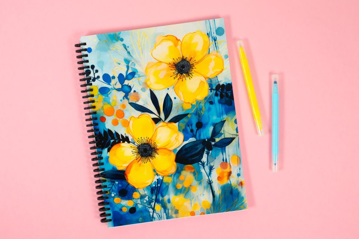 Yellow flowered sublimation notebook with pens