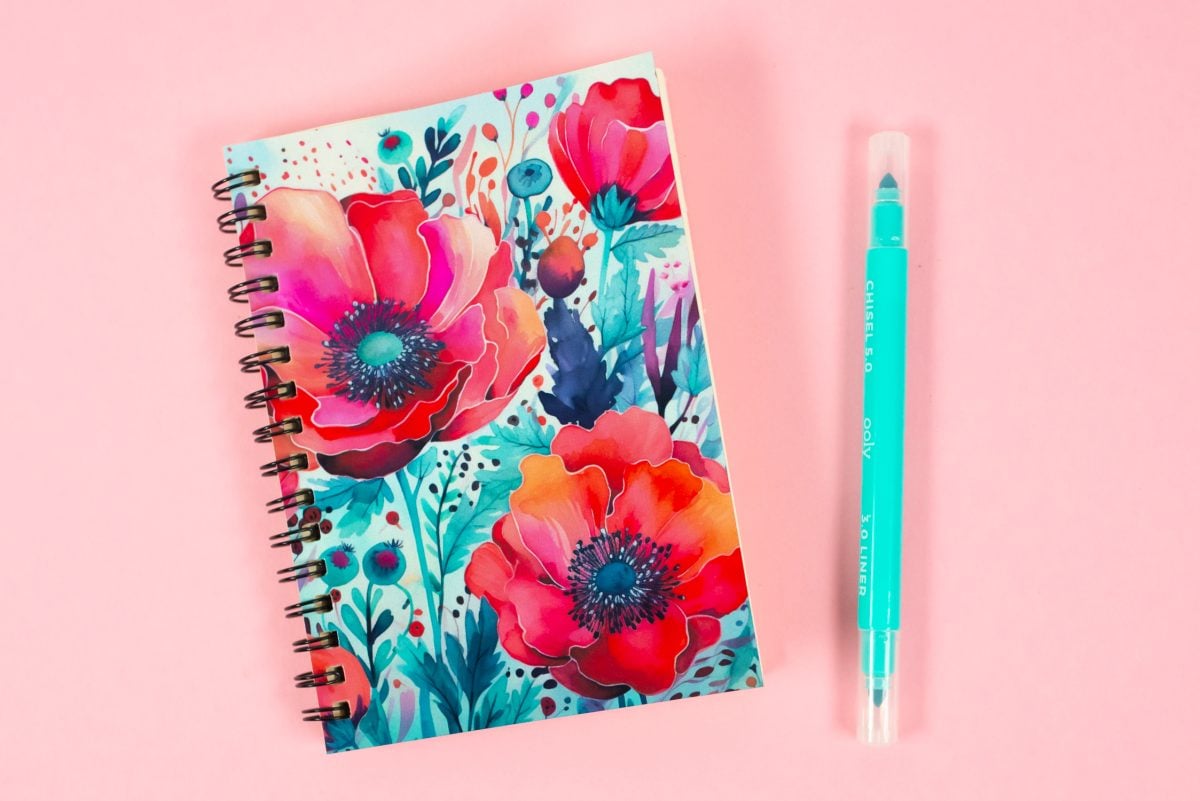Red flowered sublimation notebook with pen