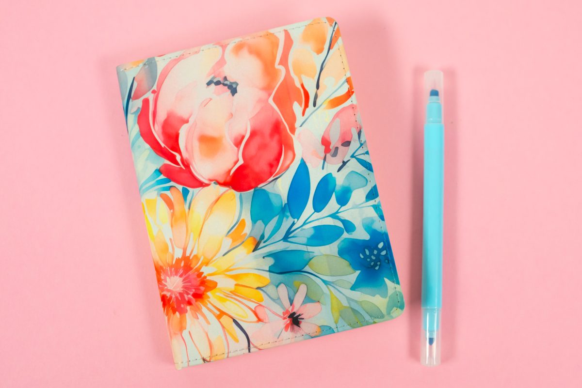 Pink flowered sublimation notebook with pen