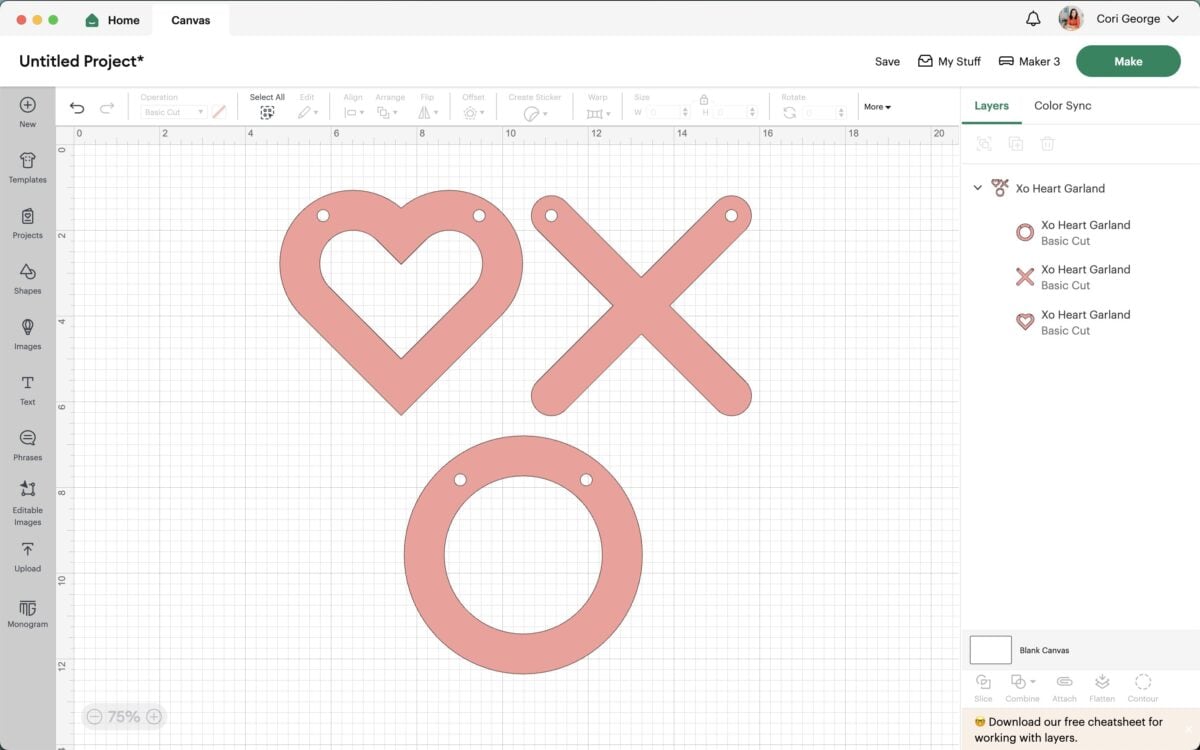 Design Space screenshot of the Heart, X and O for the Heart Garland