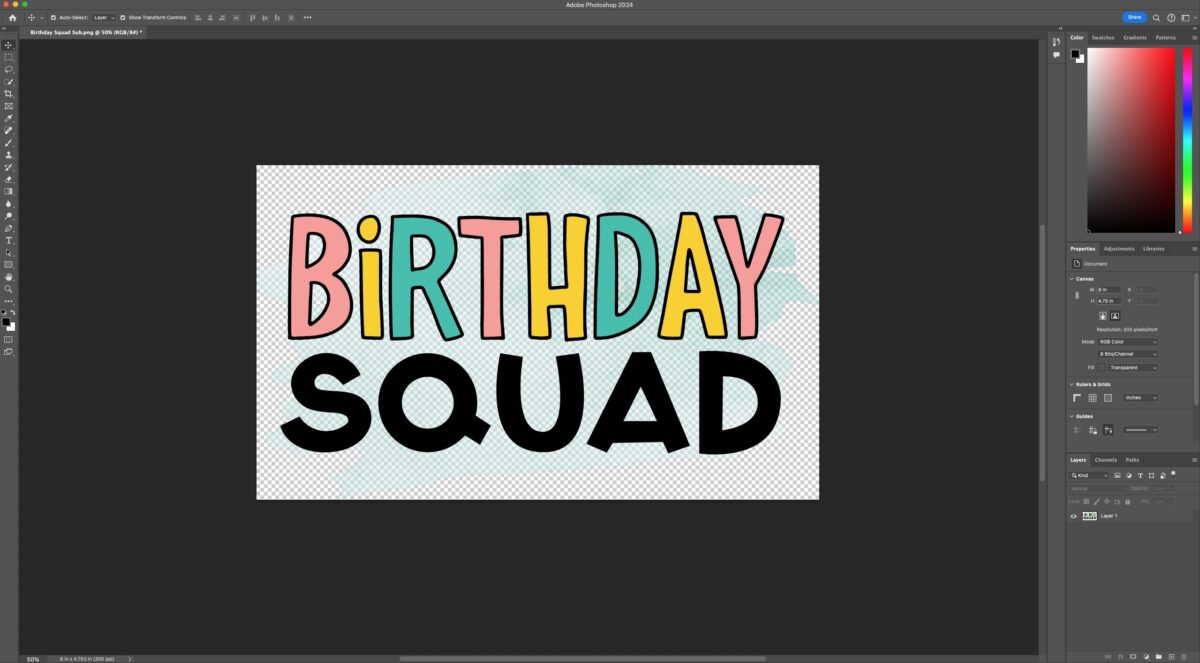 Birthday Squad file open in Photoshop