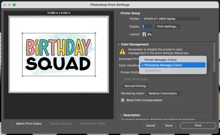 Photoshop print window with dropdown showing Photoshop Manages Colors