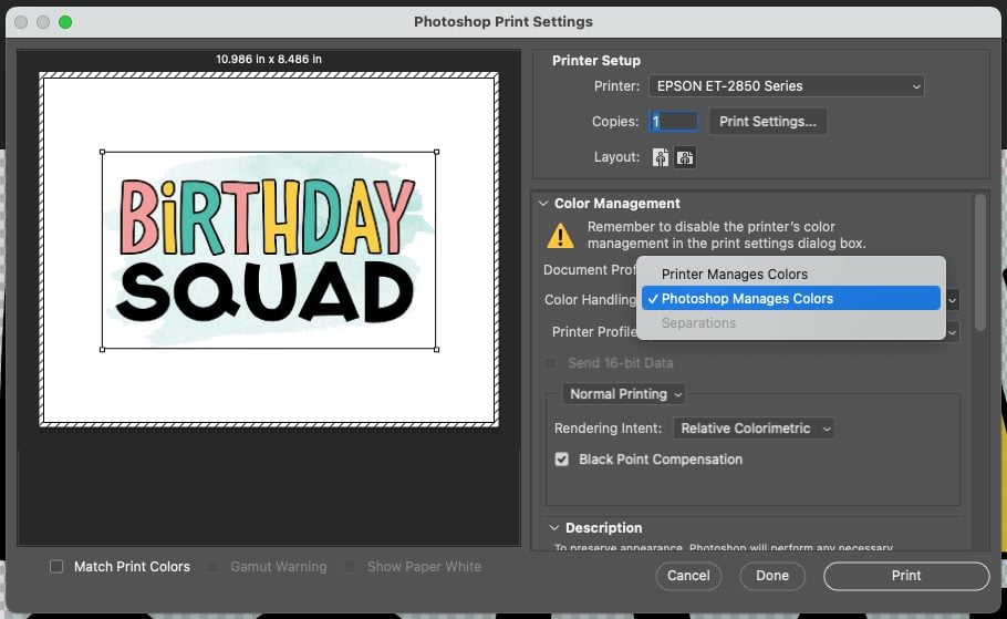 Photoshop print window with dropdown showing Photoshop Manages Colors