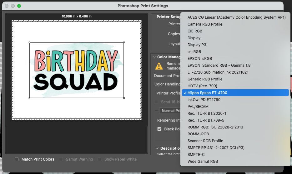 Photoshop print window with dropdown showing ICC profile selected
