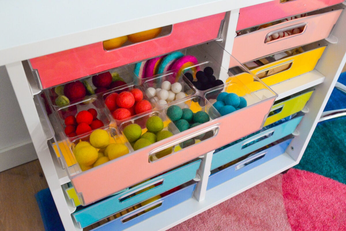 Drawer open showing various felt shapes