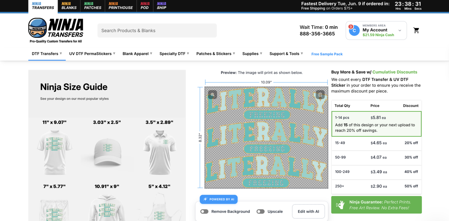 Ninja Transfers ordering page