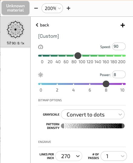 Glowforge App: dropdown showing custom settings
