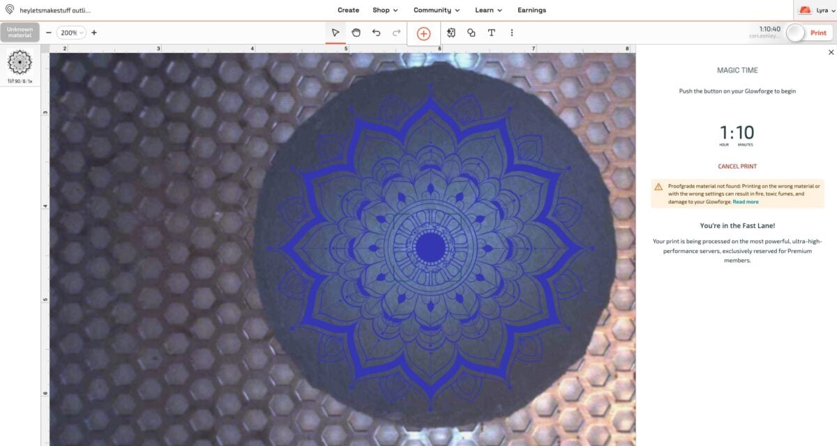 Glowforge App: ready to print with time
