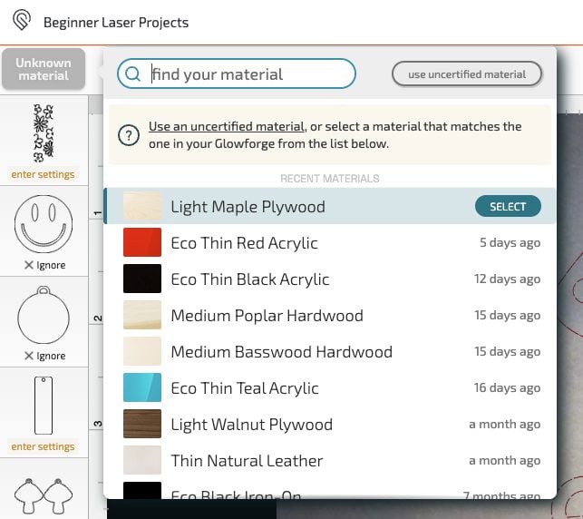 Glowforge App: material selection