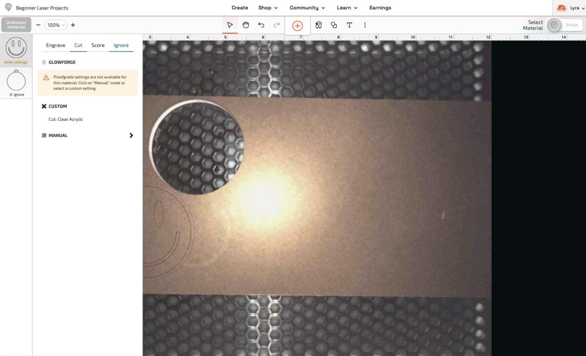 Glowforge App: showing setting front piece to cut