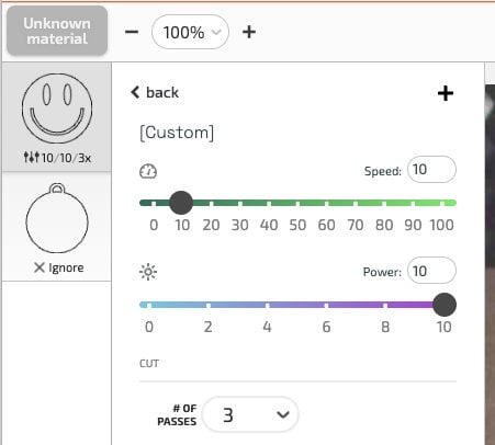 Glowforge App: showing custom settings