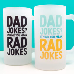 Two mugs with "dad jokes? I think you mean rad jokes" image on it.