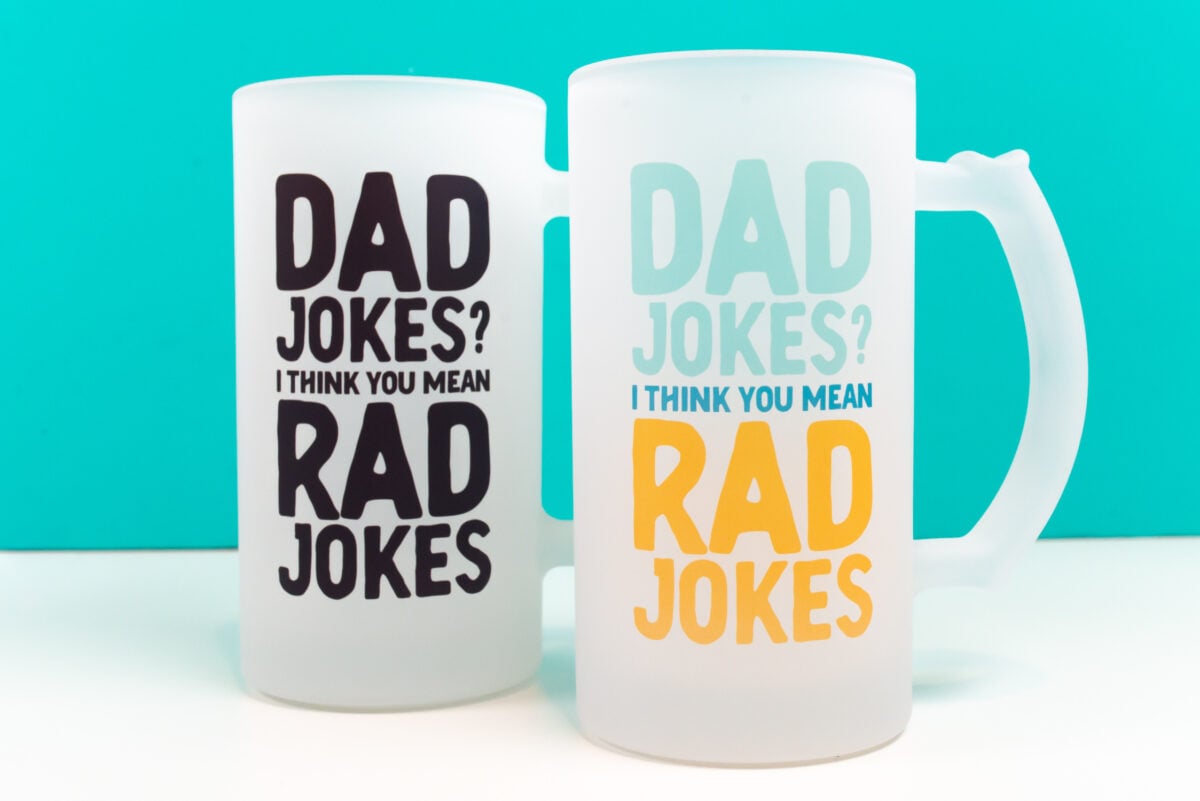 Two mugs with "dad jokes? I think you mean rad jokes" image on it.