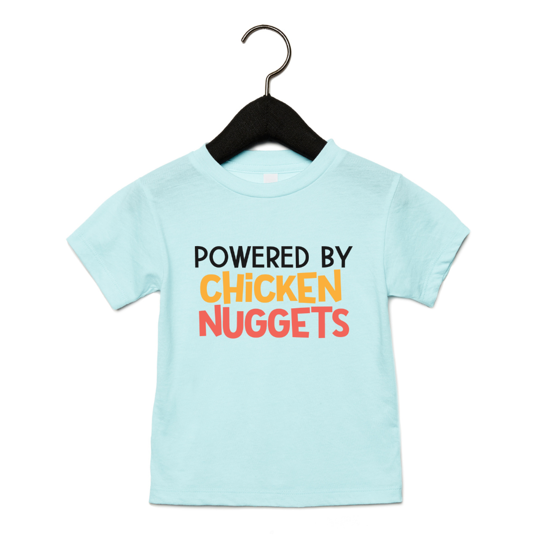 Kid's blue tee with "powered by chicken nuggets image